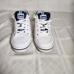 Keds Womens Rebel WH60207 Lace Up White Leather Sneakers with blue accents 